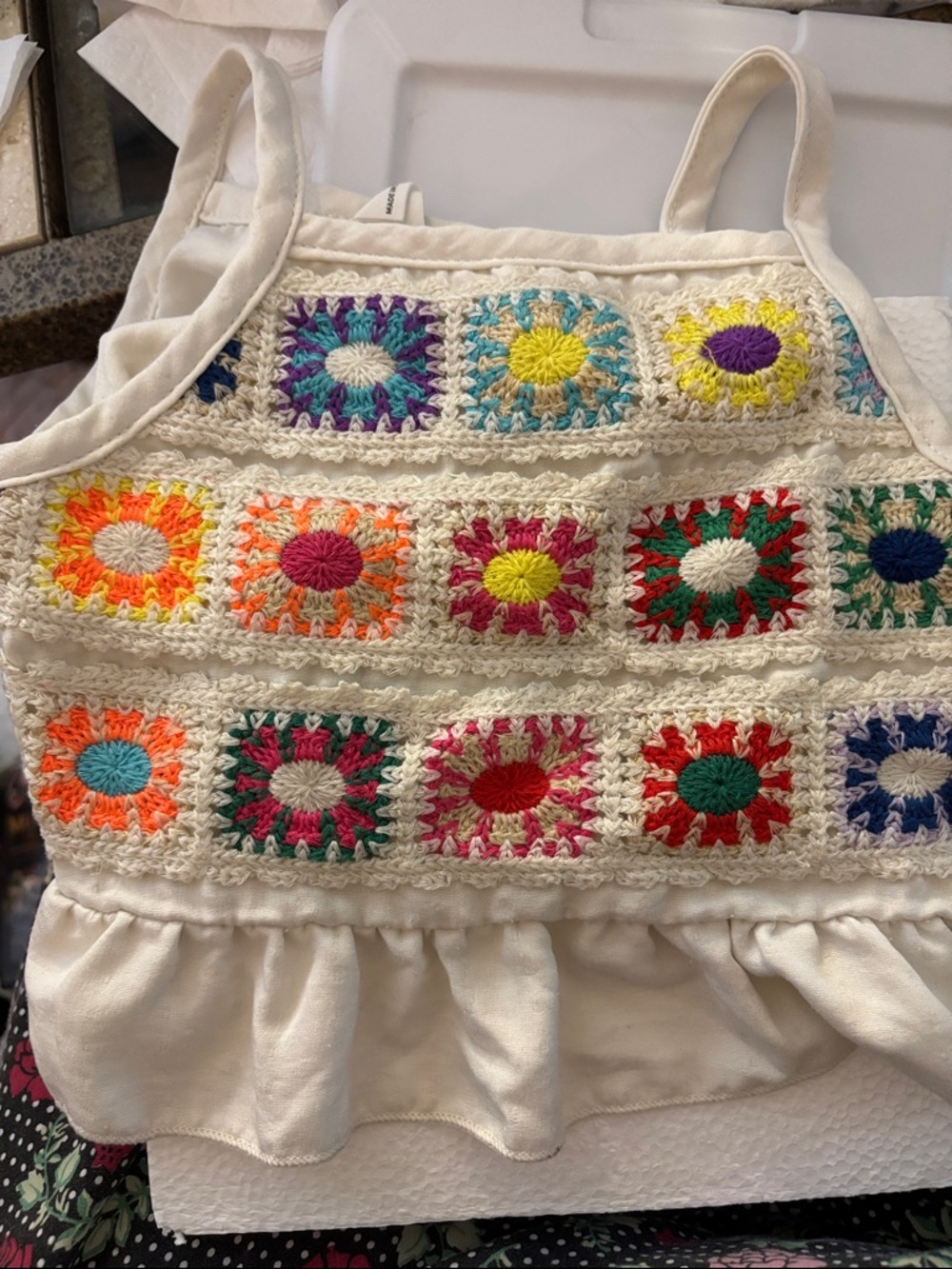 SHEIN Cream Tank with Colorful Crochet Squares 4Y